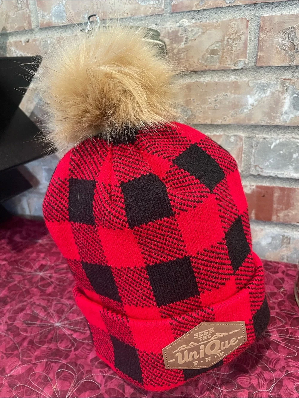 Buffalo Plaid Pom Pom Beanie - Red/Black